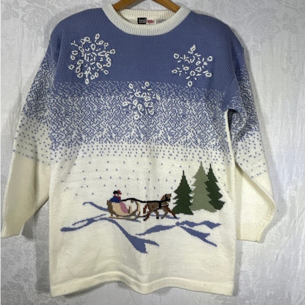 Vintage Sweater Large Blue Cream 3D Snowflakes Sleigh Trees Long Lucia Petites